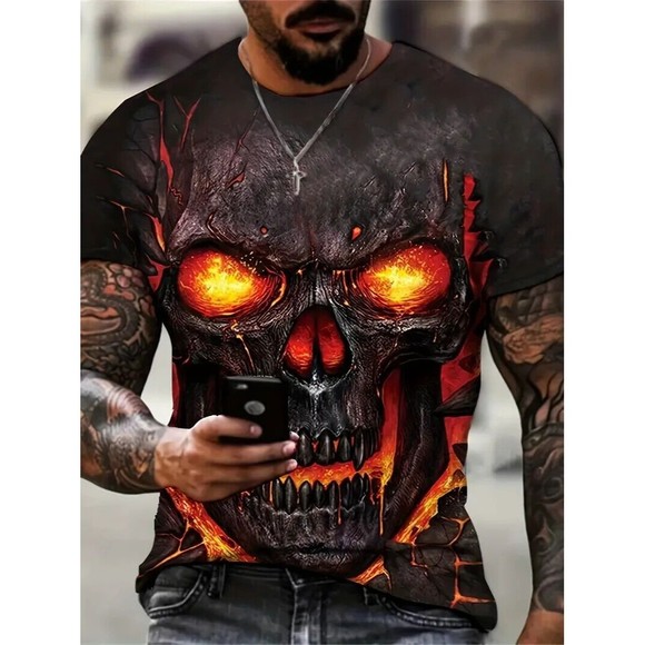 Men's XL Graphic Tee SKULL LAVA T-Shirt Black Gothcore Short Sleeve New Gothic - Picture 2 of 2